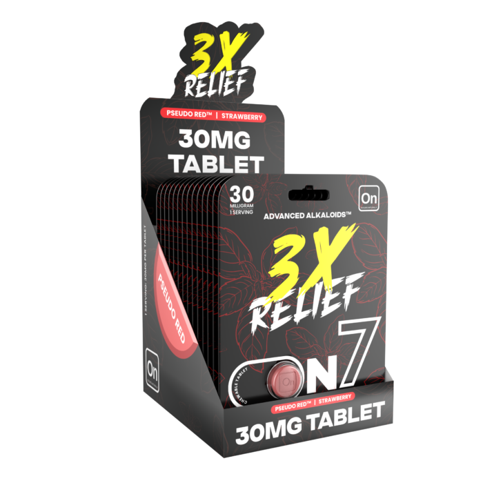 3X Relief 30 MG On7 1 Count Tablet Box - Side View